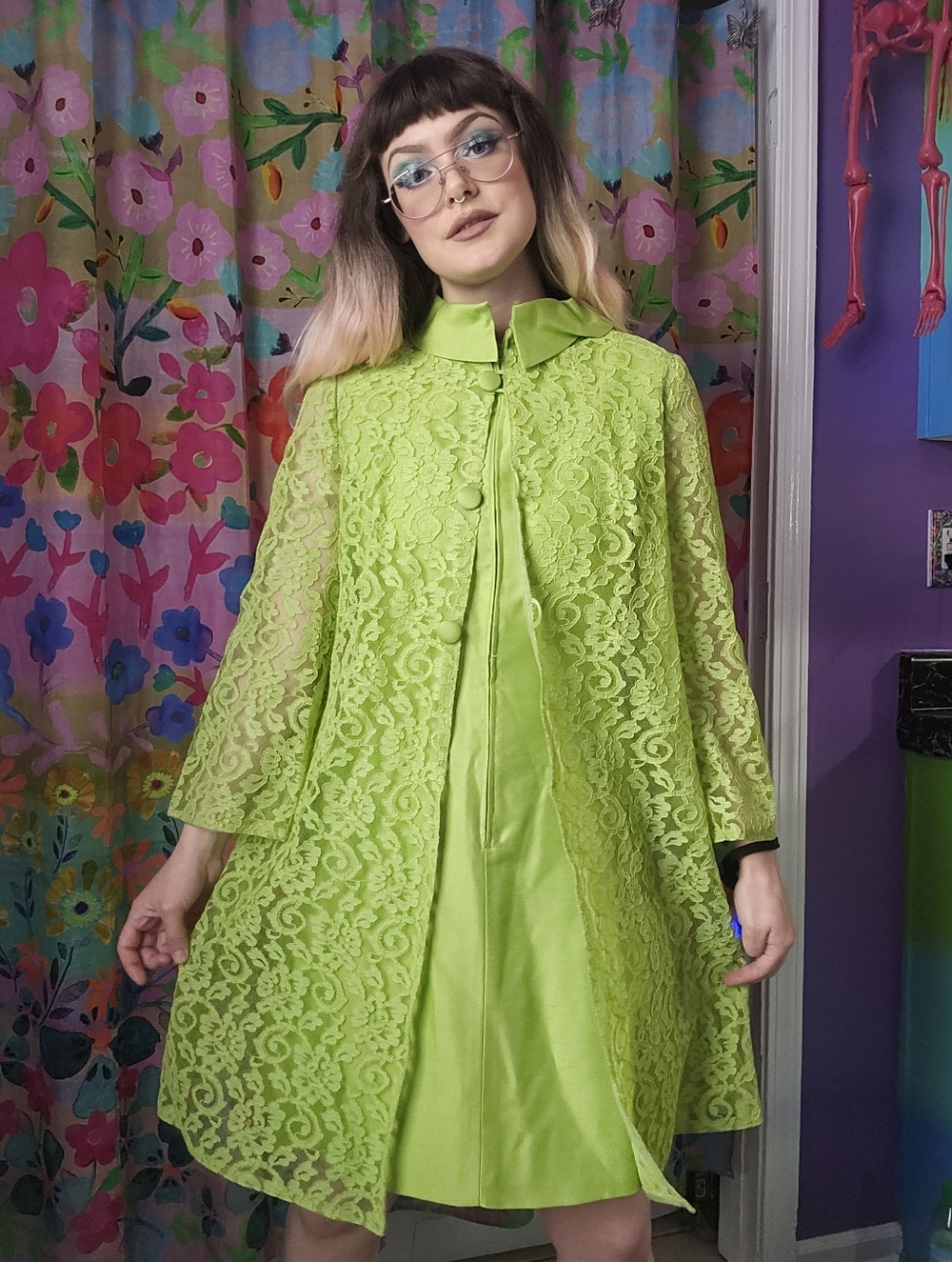 1960's Vintage Lime Green Dress With Lace  Jacket ILGWU Jackie Kennedy